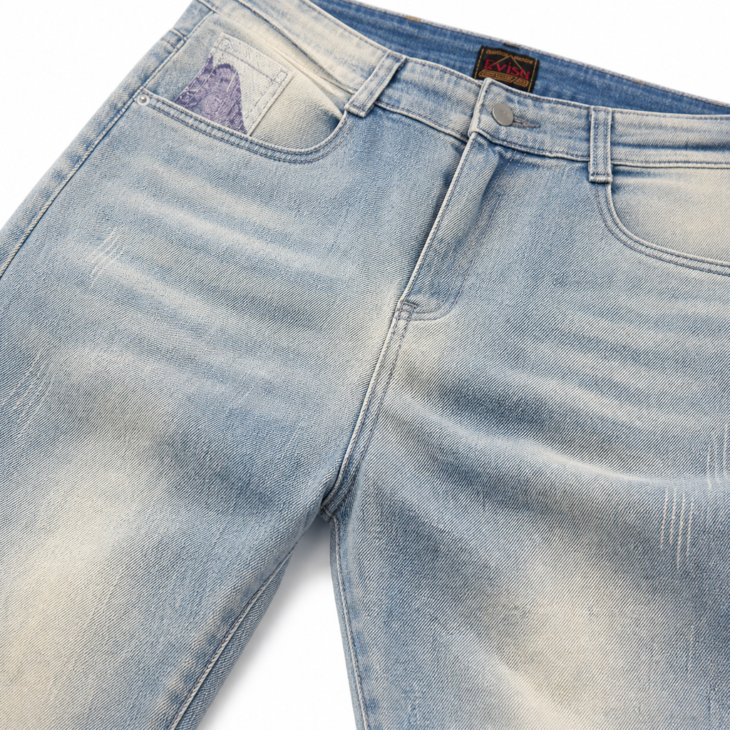 Evisu Men's "Ocean Wave" Patchwork Seagull Jeans – Light Wash Japanese Denim