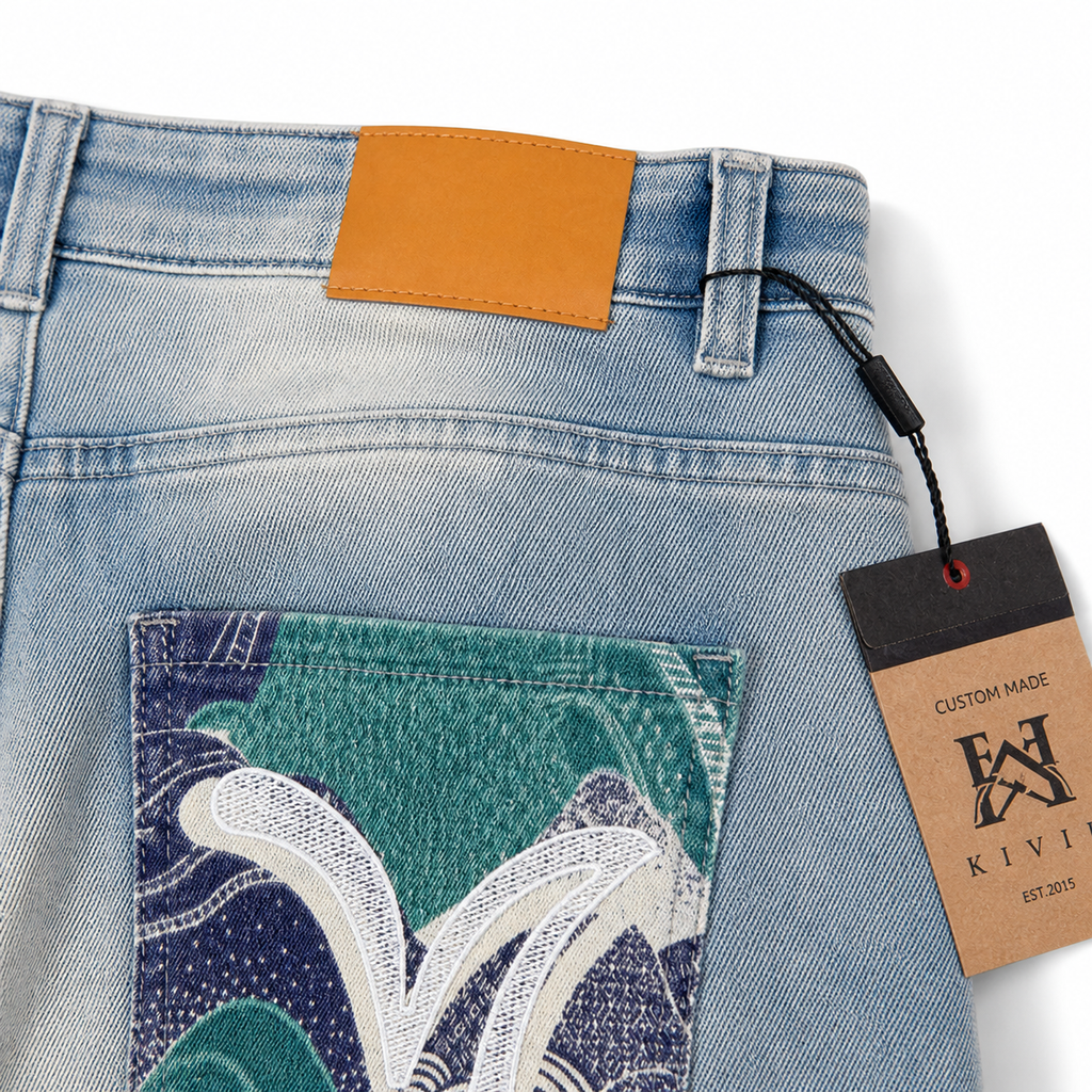 Evisu Men's "Ocean Wave" Patchwork Seagull Jeans – Light Wash Japanese Denim