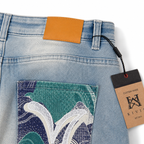 Evisu Men's "Ocean Wave" Patchwork Seagull Jeans – Light Wash Japanese Denim