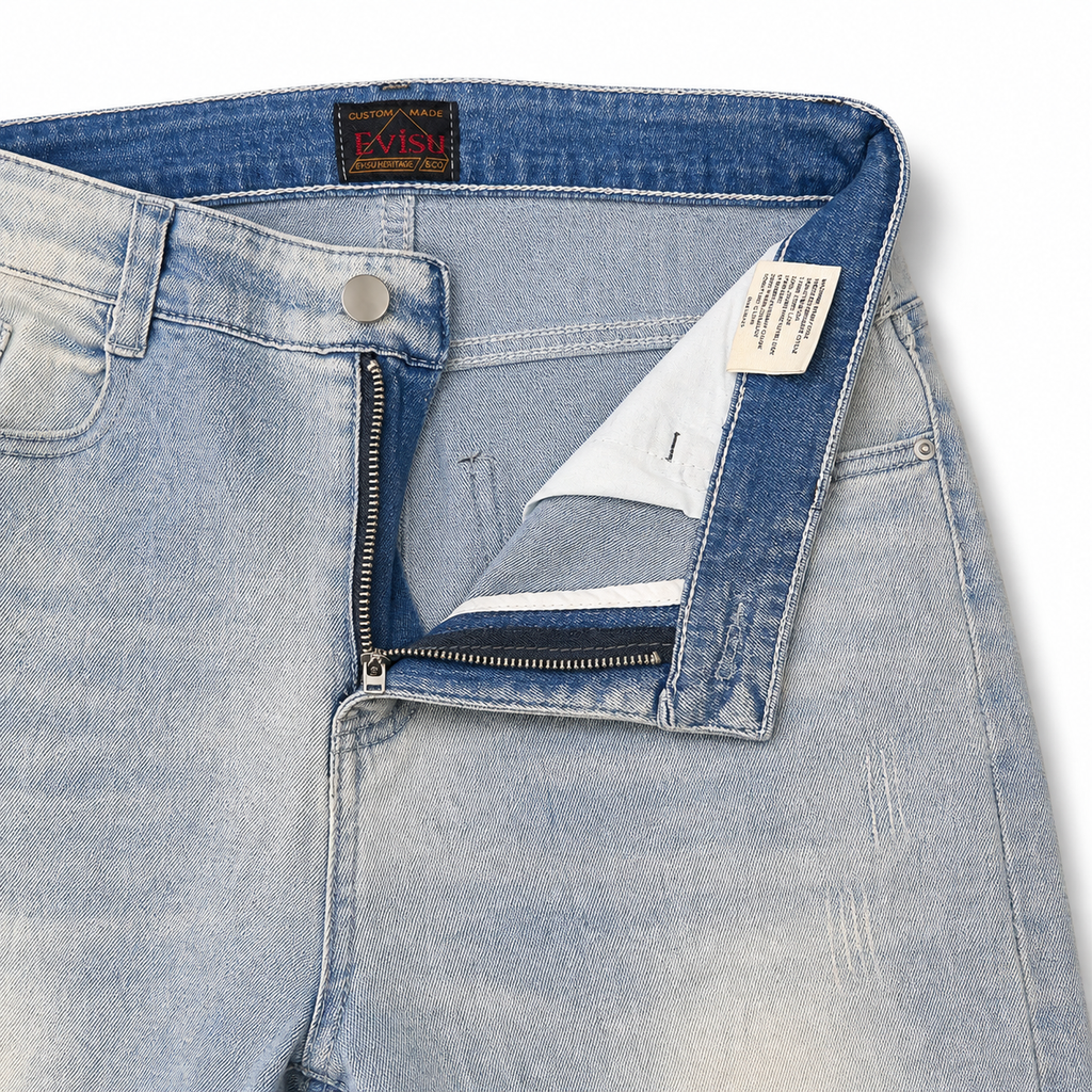 Evisu Men's "Ocean Wave" Patchwork Seagull Jeans – Light Wash Japanese Denim