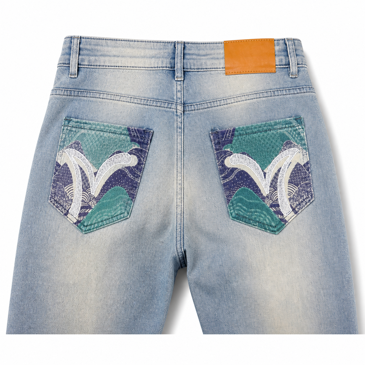 Evisu Men's "Ocean Wave" Patchwork Seagull Jeans – Light Wash Japanese Denim