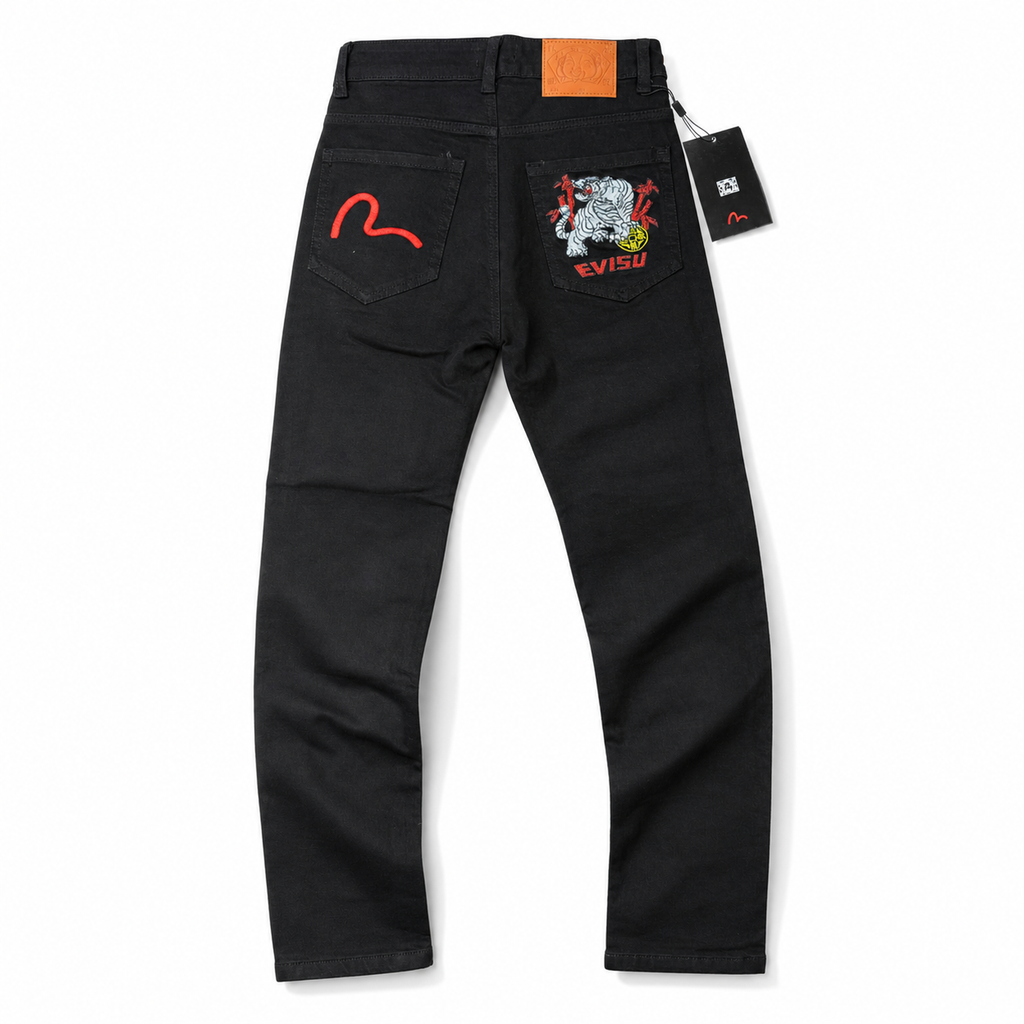 Evisu Men's "White Tiger" Embroidered Jeans – Black Japanese Streetwear Denim