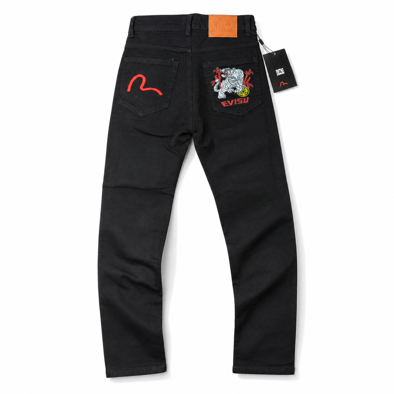 Evisu Men's "White Tiger" Embroidered Jeans – Black Japanese Streetwear Denim