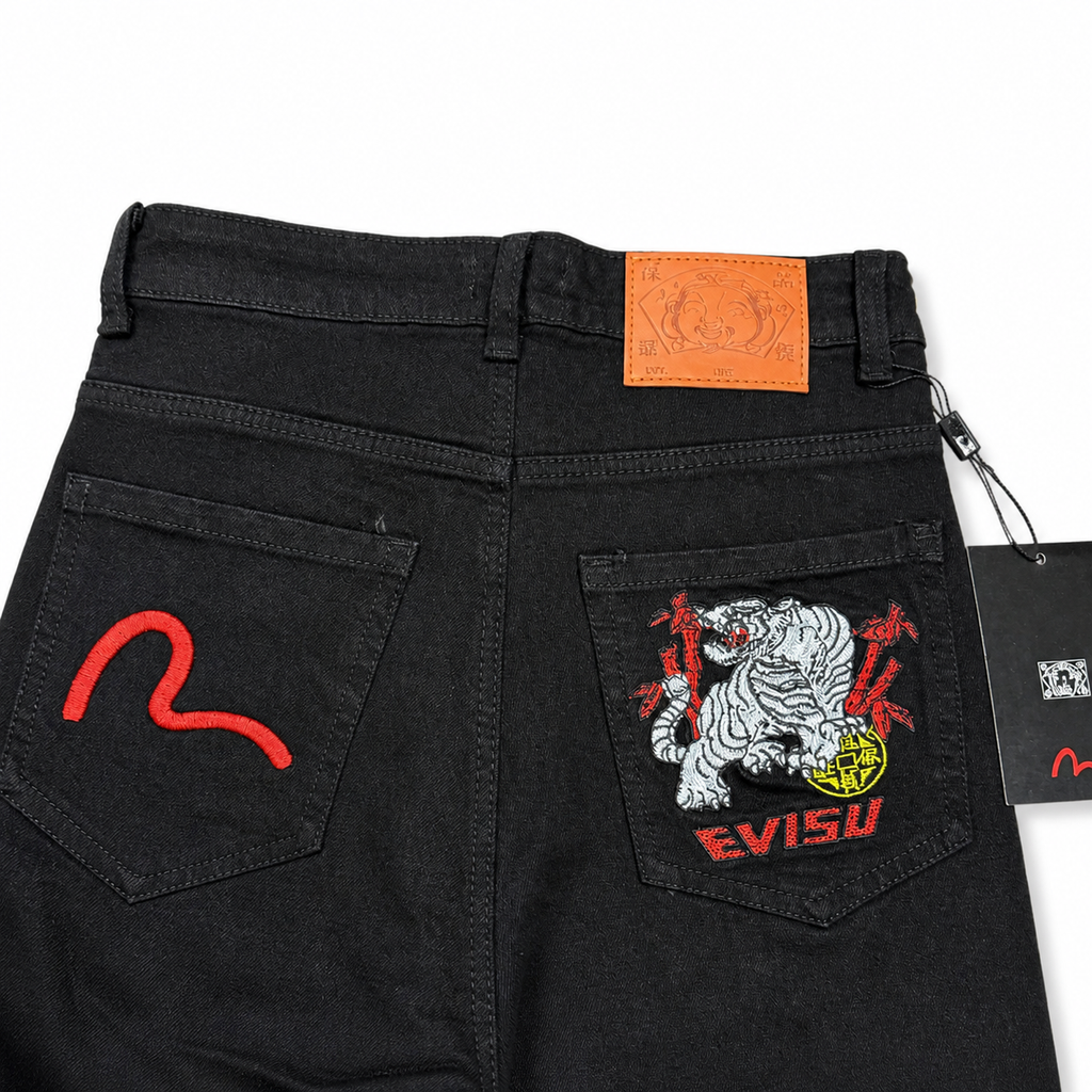 Evisu Men's "White Tiger" Embroidered Jeans – Black Japanese Streetwear Denim