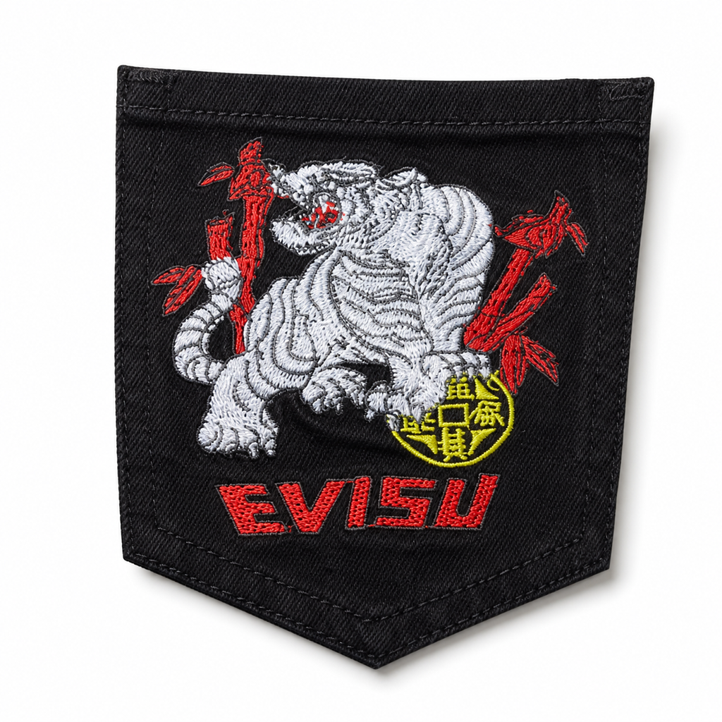 Evisu Men's "White Tiger" Embroidered Jeans – Black Japanese Streetwear Denim