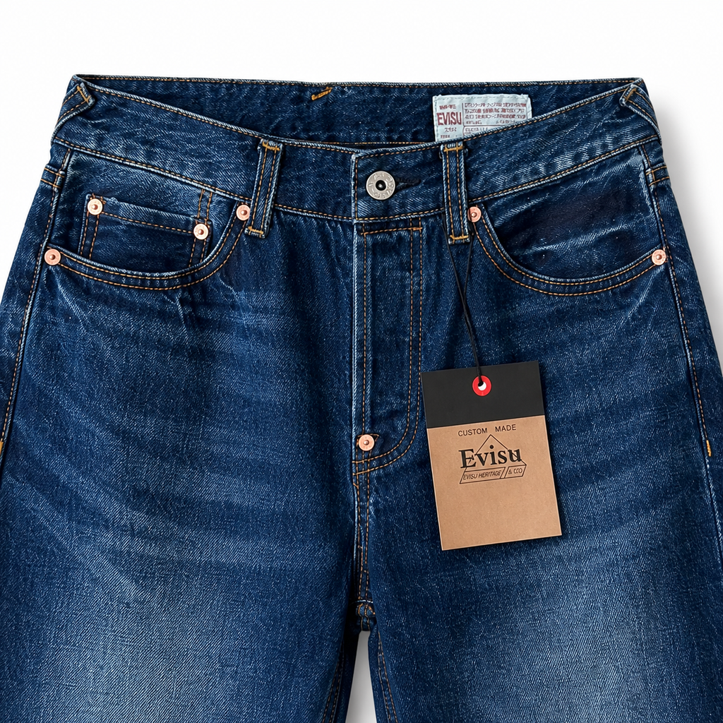 Evisu Men's "Flower & Logo" Washed Jeans – Medium Blue Japanese Streetwear Denim