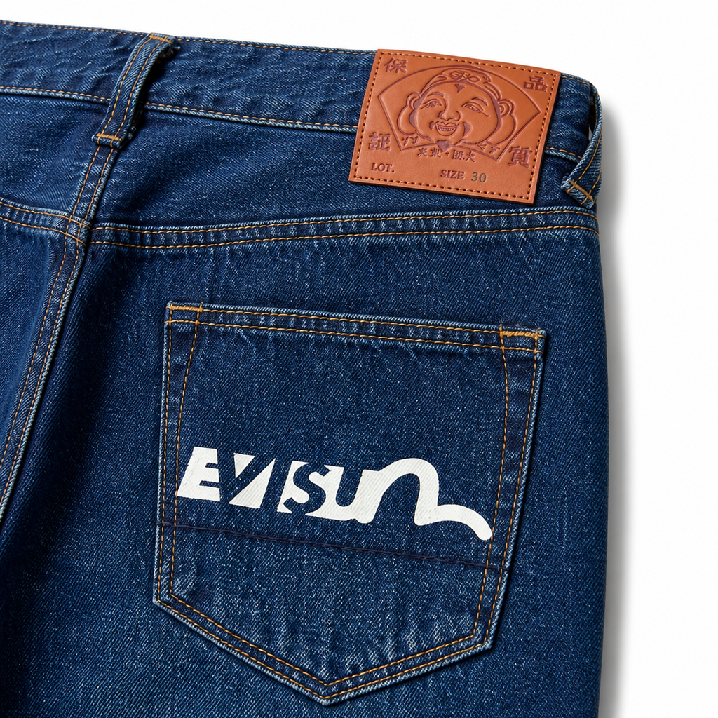 Evisu Men's "Flower & Logo" Washed Jeans – Medium Blue Japanese Streetwear Denim
