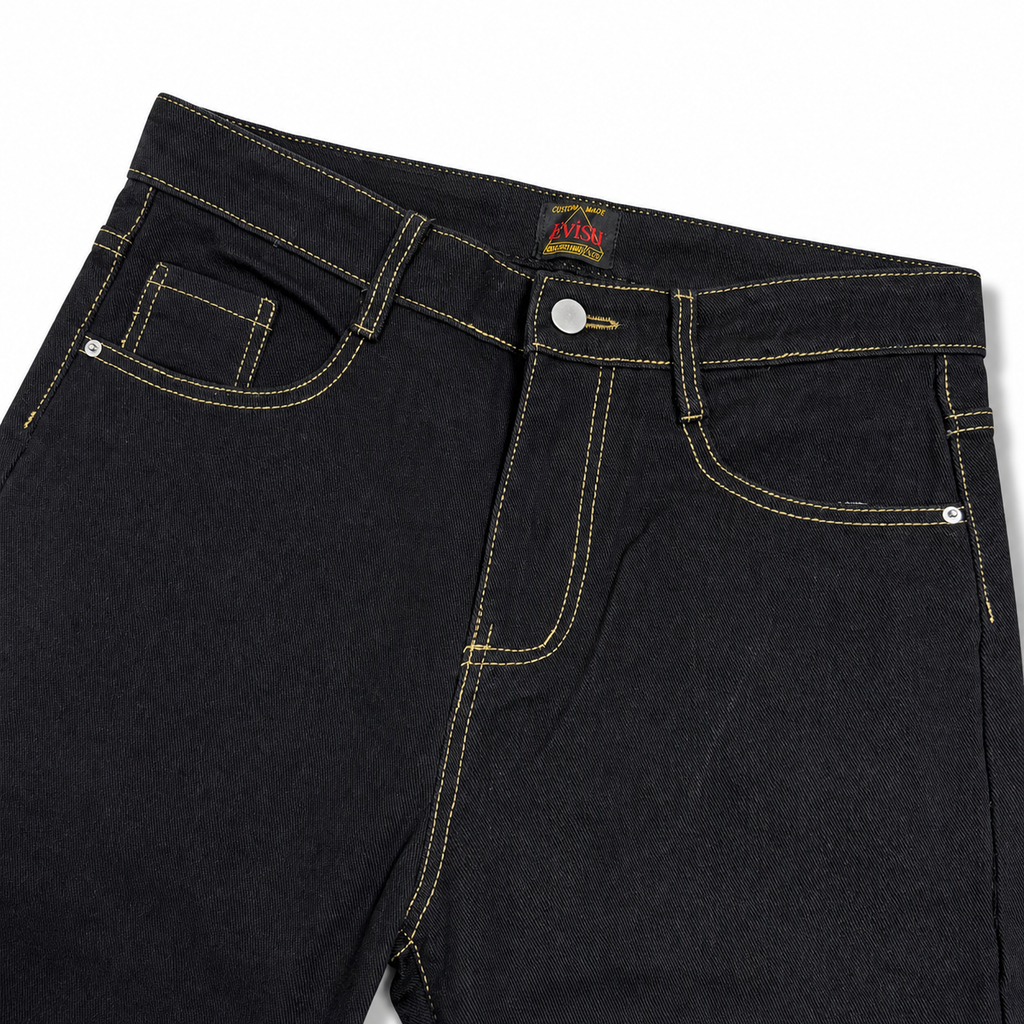 Evisu x Maison Kitsuné "M" Logo Jeans – Black Denim with Fox Head Print