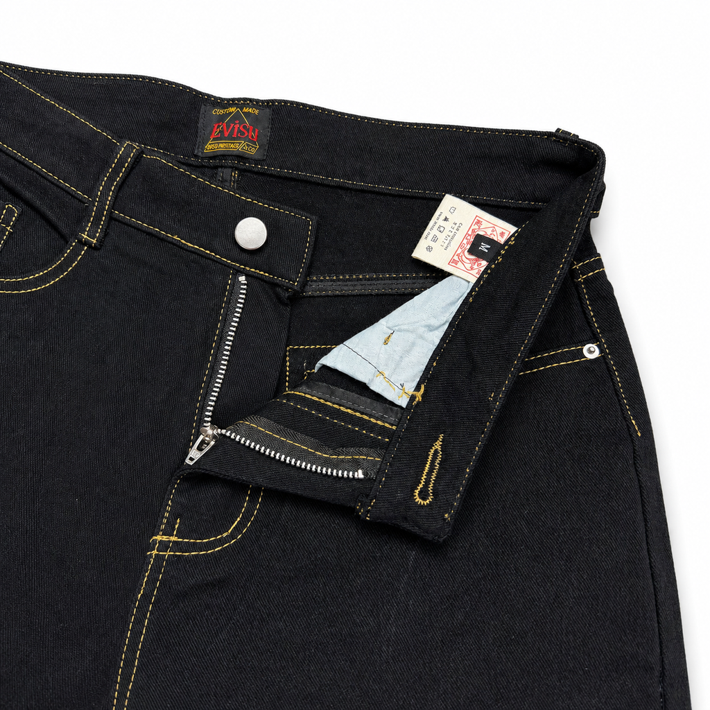 Evisu x Maison Kitsuné "M" Logo Jeans – Black Denim with Fox Head Print