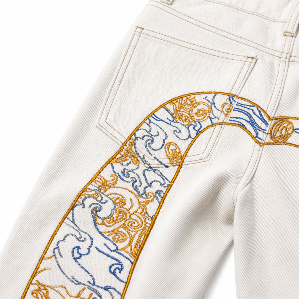 Evisu Men's "Ocean Wave & Daikoku" Embroidered Jeans – Off-White Japanese Streetwear Denim