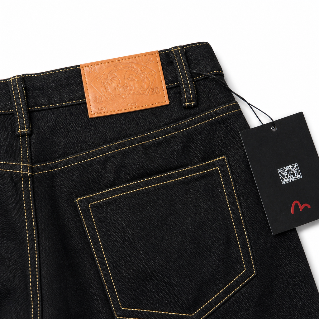 Evisu Men's Heavyweight Raw Denim Jeans - Straight Leg with Brushstroke Big M & Kogin Embroidery