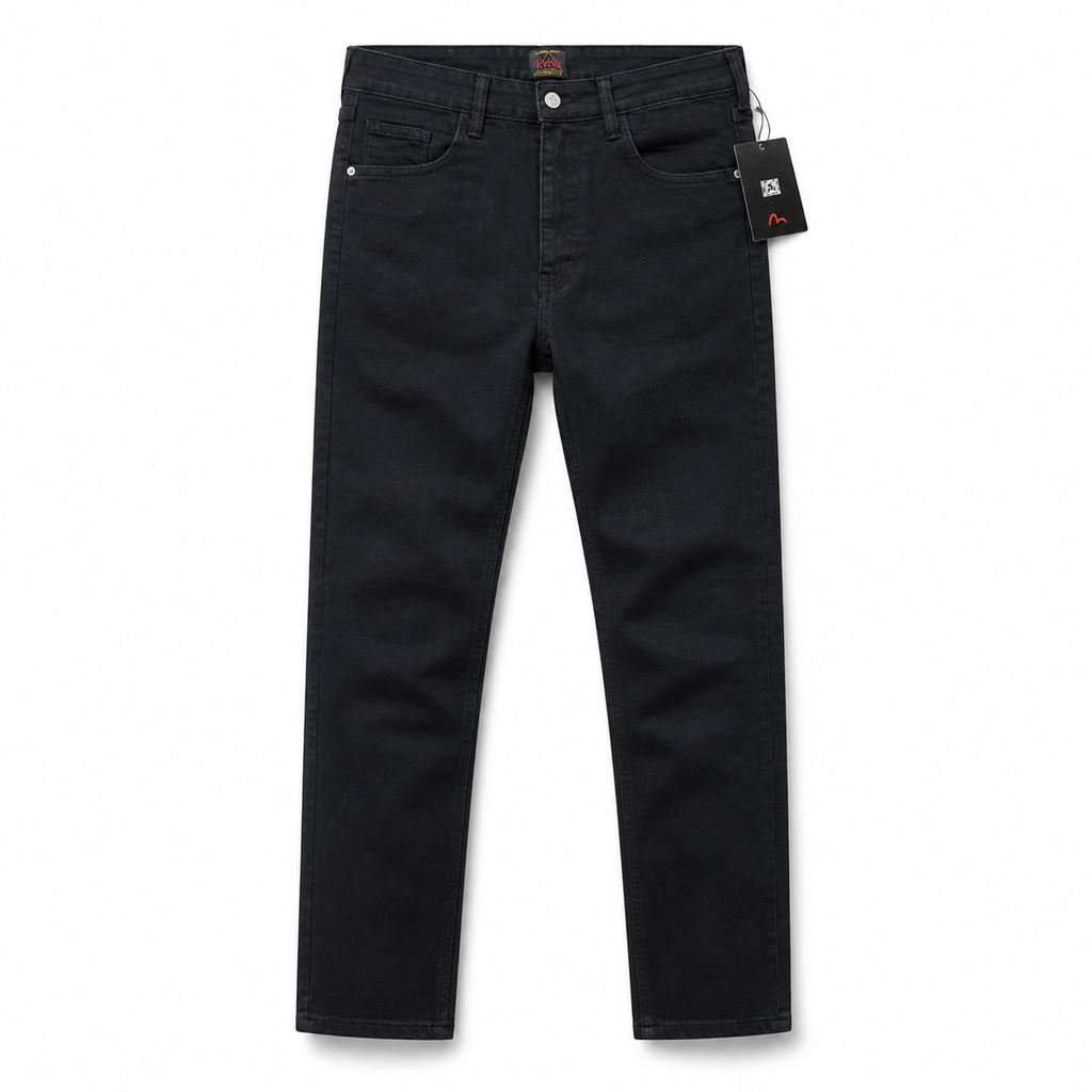 Evisu Men's Black Denim Jeans with Blue Eagle Embroidery - Straight Leg Streetwear Trousers