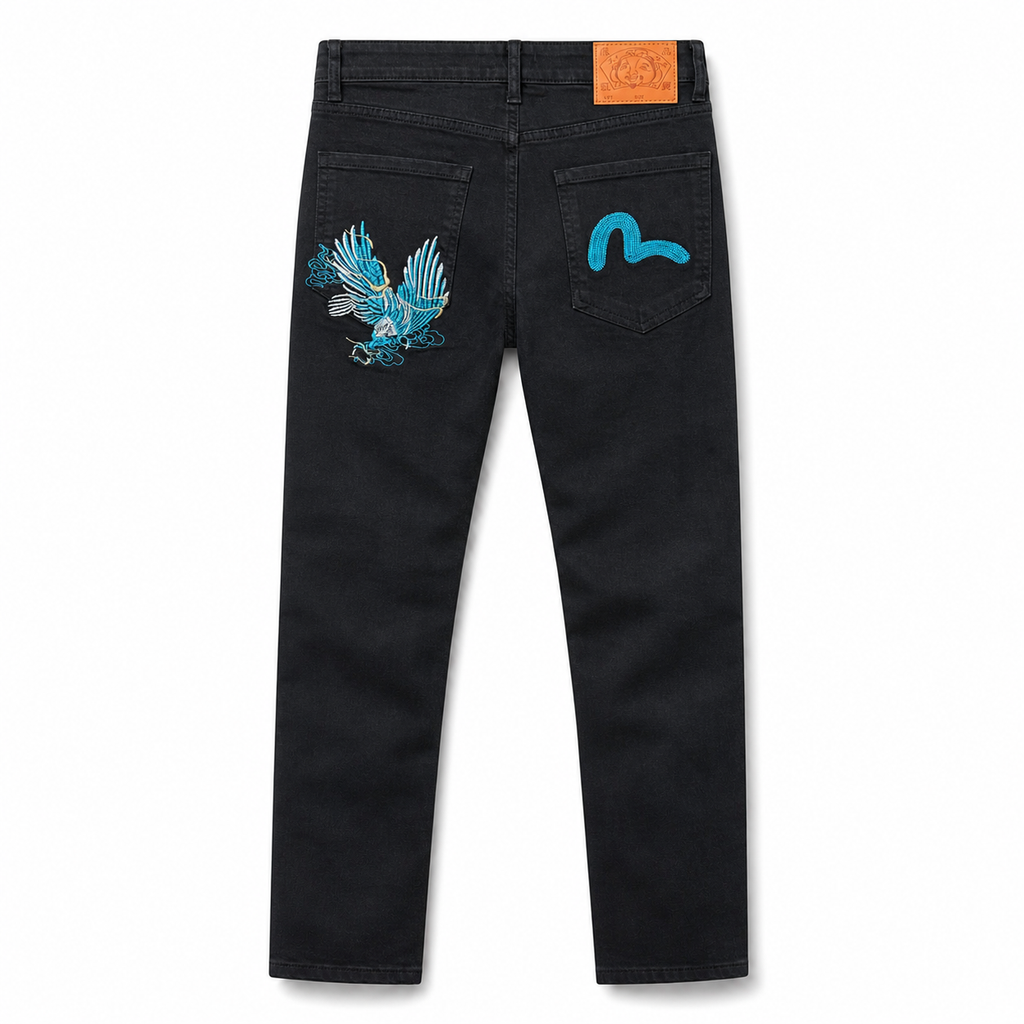 Evisu Men's Black Denim Jeans with Blue Eagle Embroidery - Straight Leg Streetwear Trousers