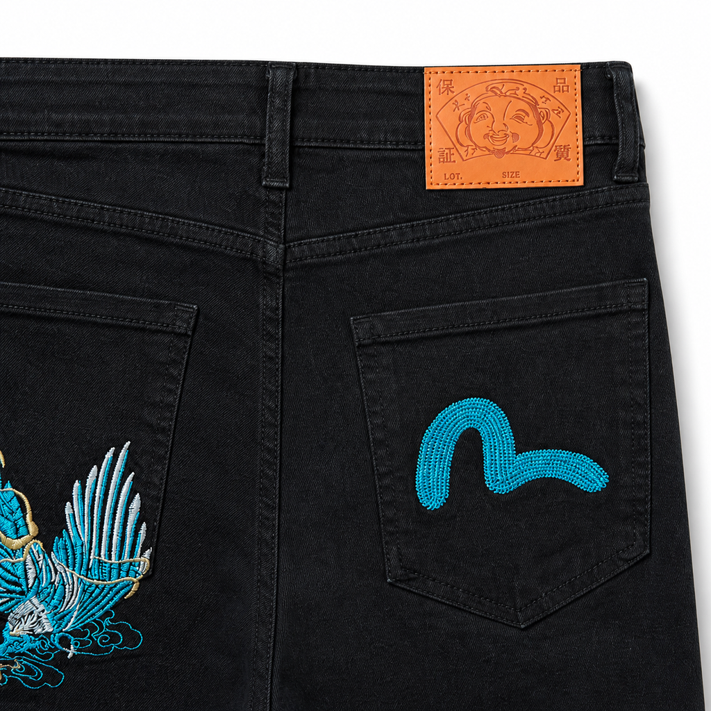 Evisu Men's Black Denim Jeans with Blue Eagle Embroidery - Straight Leg Streetwear Trousers
