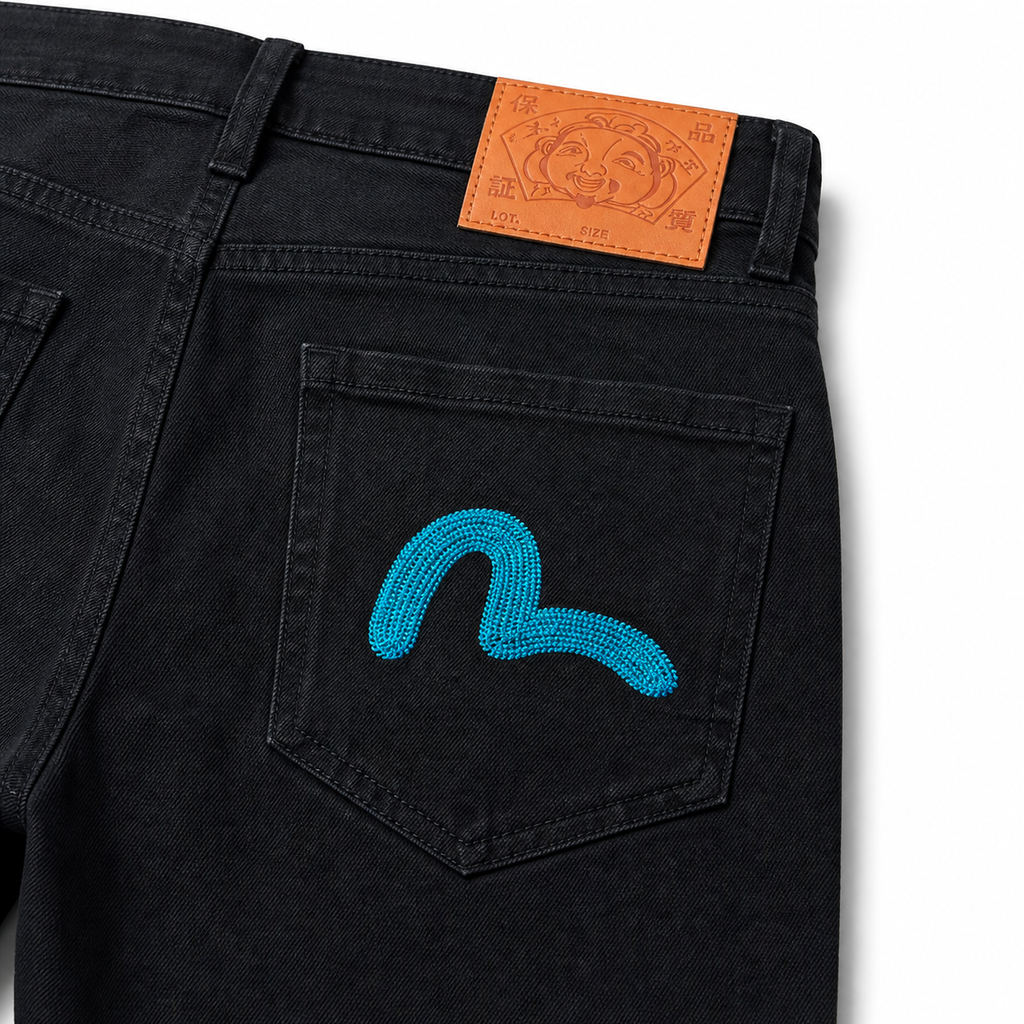 Evisu Men's Black Denim Jeans with Blue Eagle Embroidery - Straight Leg Streetwear Trousers