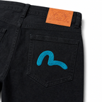 Evisu Men's Black Denim Jeans with Blue Eagle Embroidery - Straight Leg Streetwear Trousers