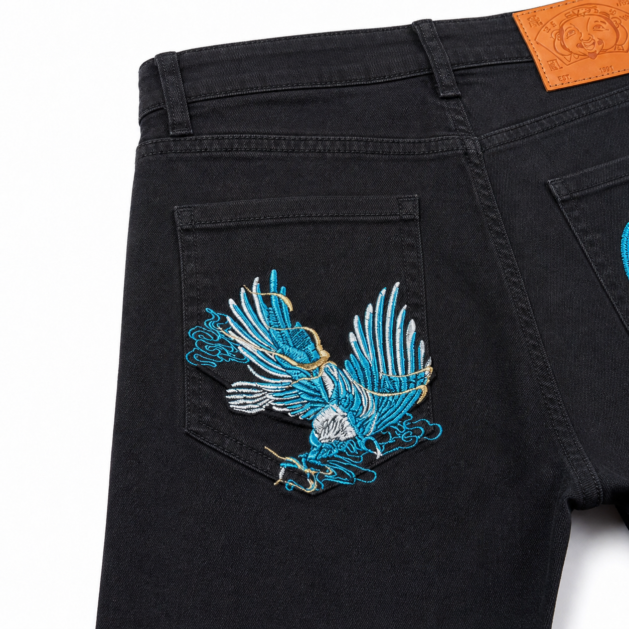 Evisu Men's Black Denim Jeans with Blue Eagle Embroidery - Straight Leg Streetwear Trousers