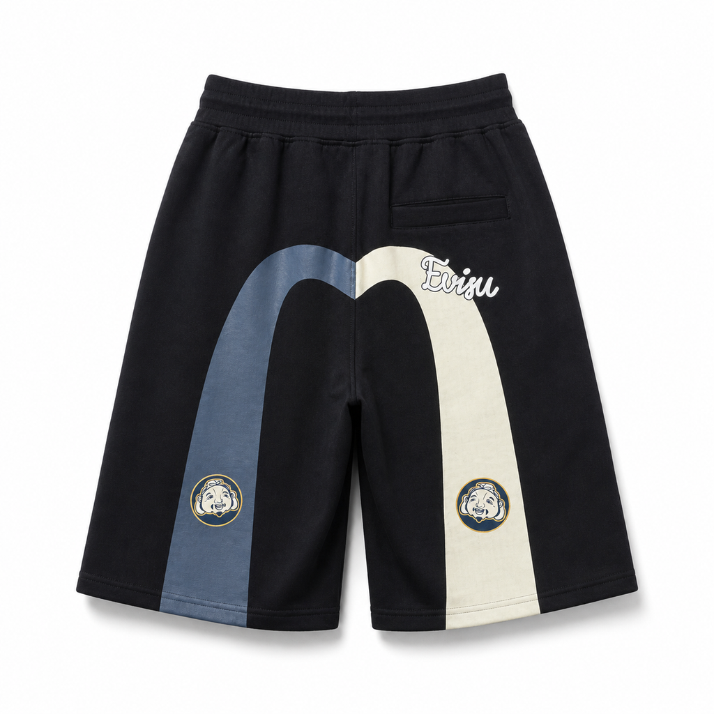 EVISU Men's Buddha Head Blue & White "Big M" Casual Shorts