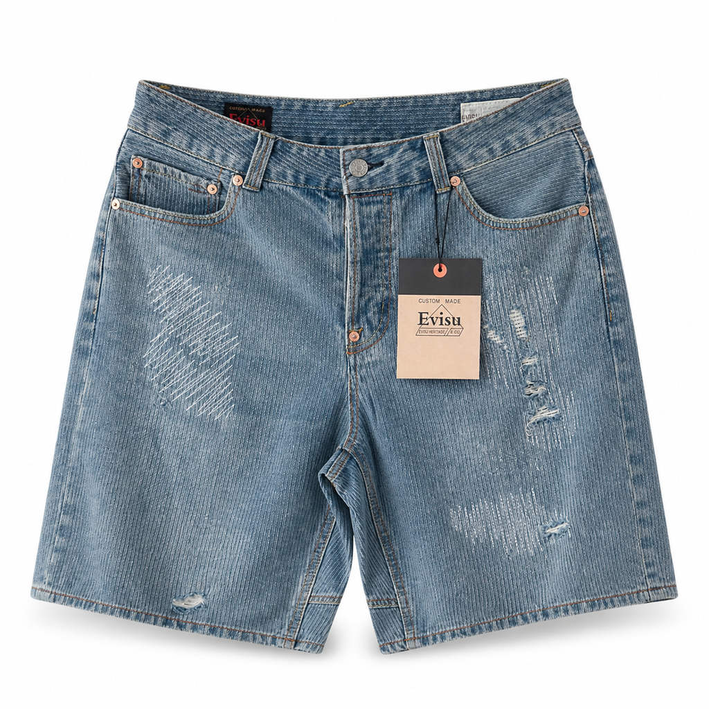 EVISU "Little M" Seagull Print Washed Denim Shorts