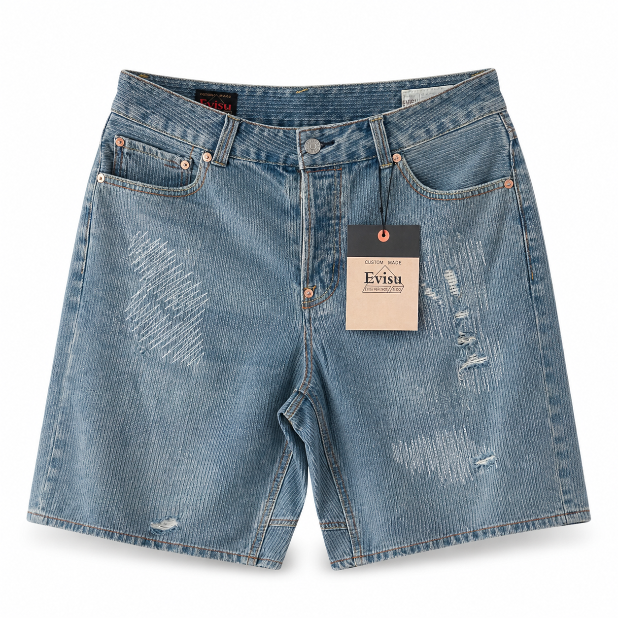 EVISU "Little M" Seagull Print Washed Denim Shorts