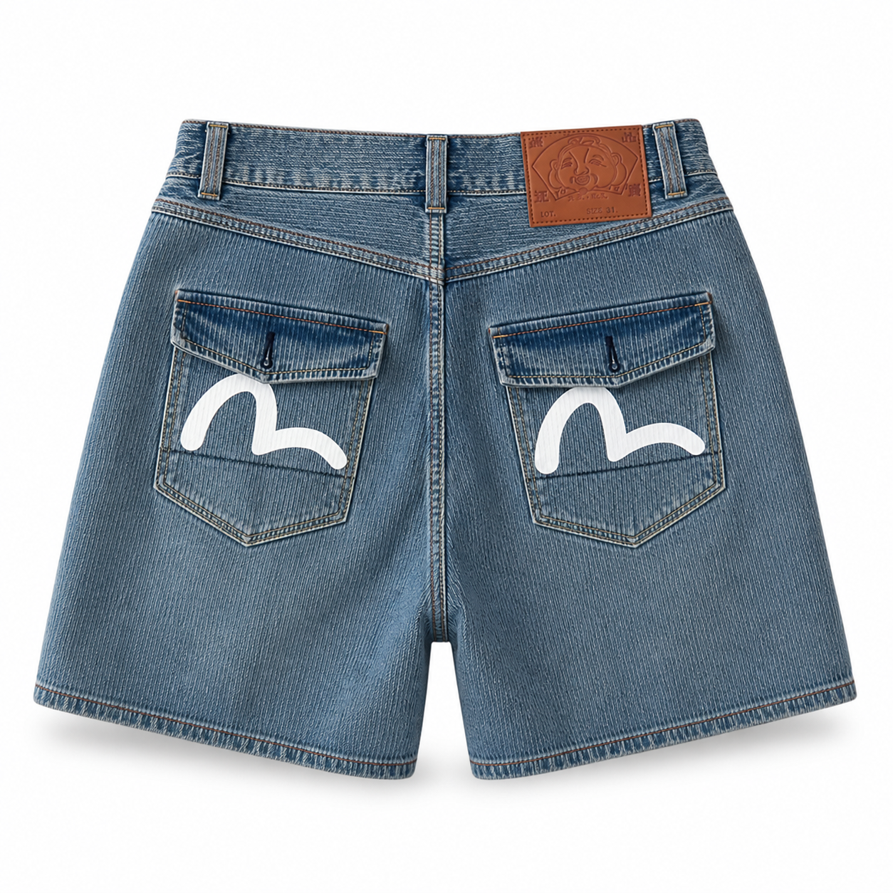 EVISU "Little M" Seagull Print Washed Denim Shorts