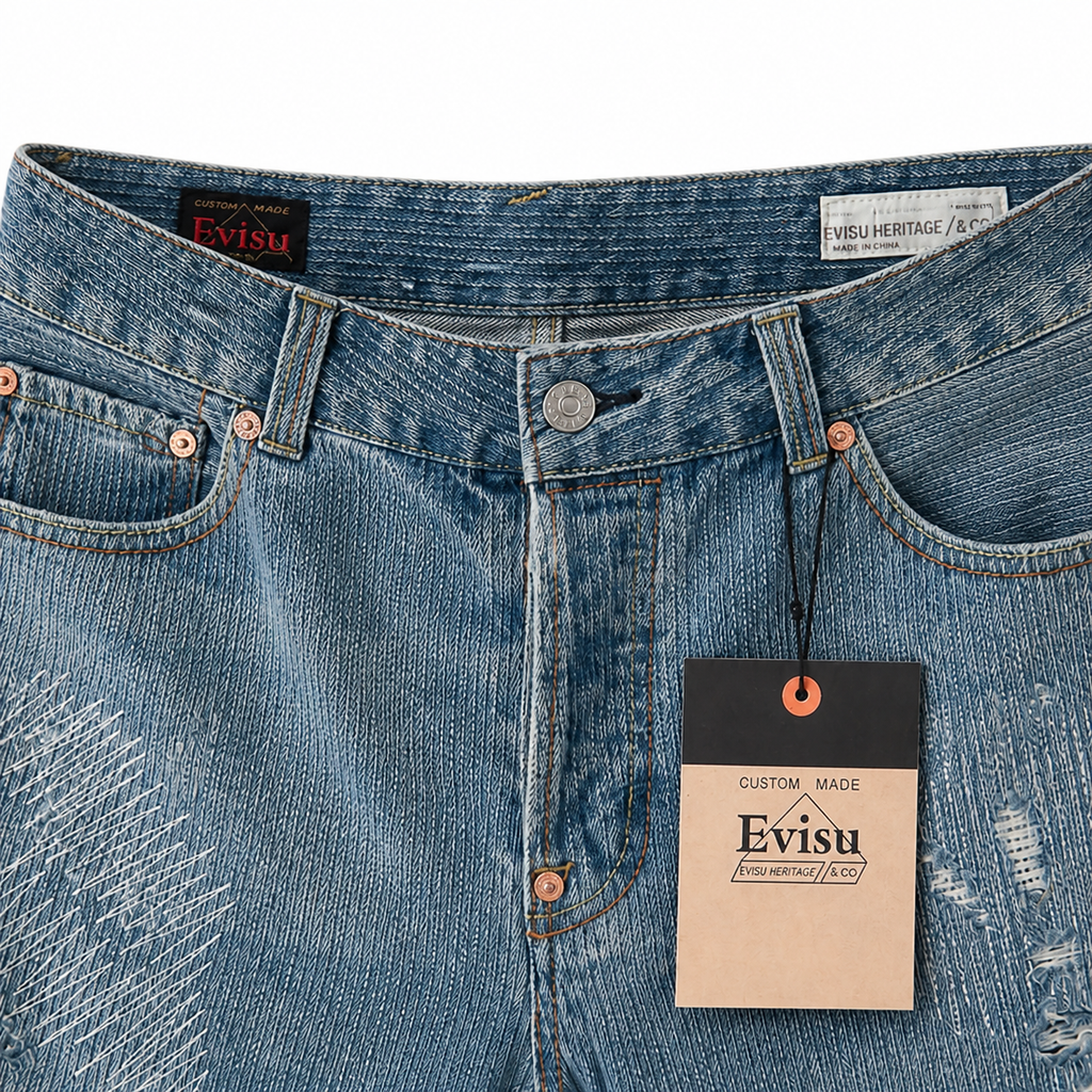 EVISU "Little M" Seagull Print Washed Denim Shorts
