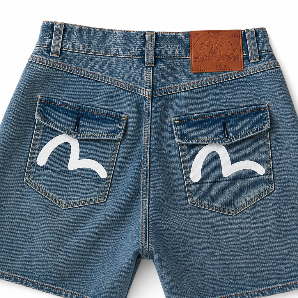 EVISU "Little M" Seagull Print Washed Denim Shorts