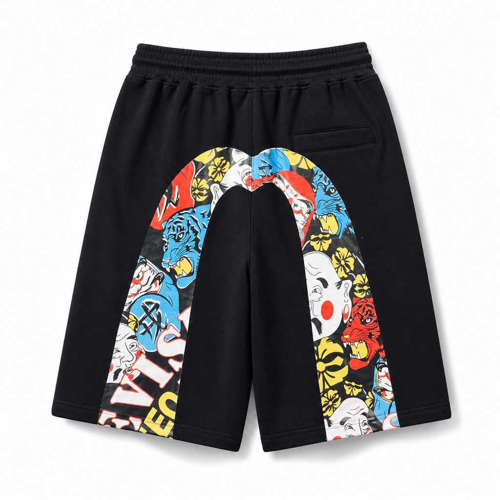 EVISU Daikoku Daruma & Tiger "Big M" Print French Terry Shorts