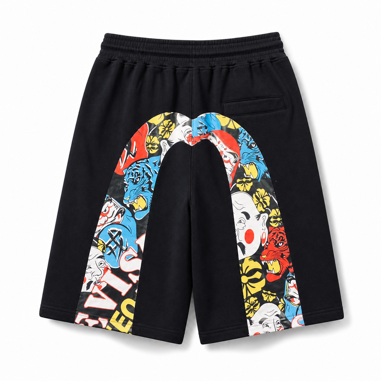EVISU Daikoku Daruma & Tiger "Big M" Print French Terry Shorts