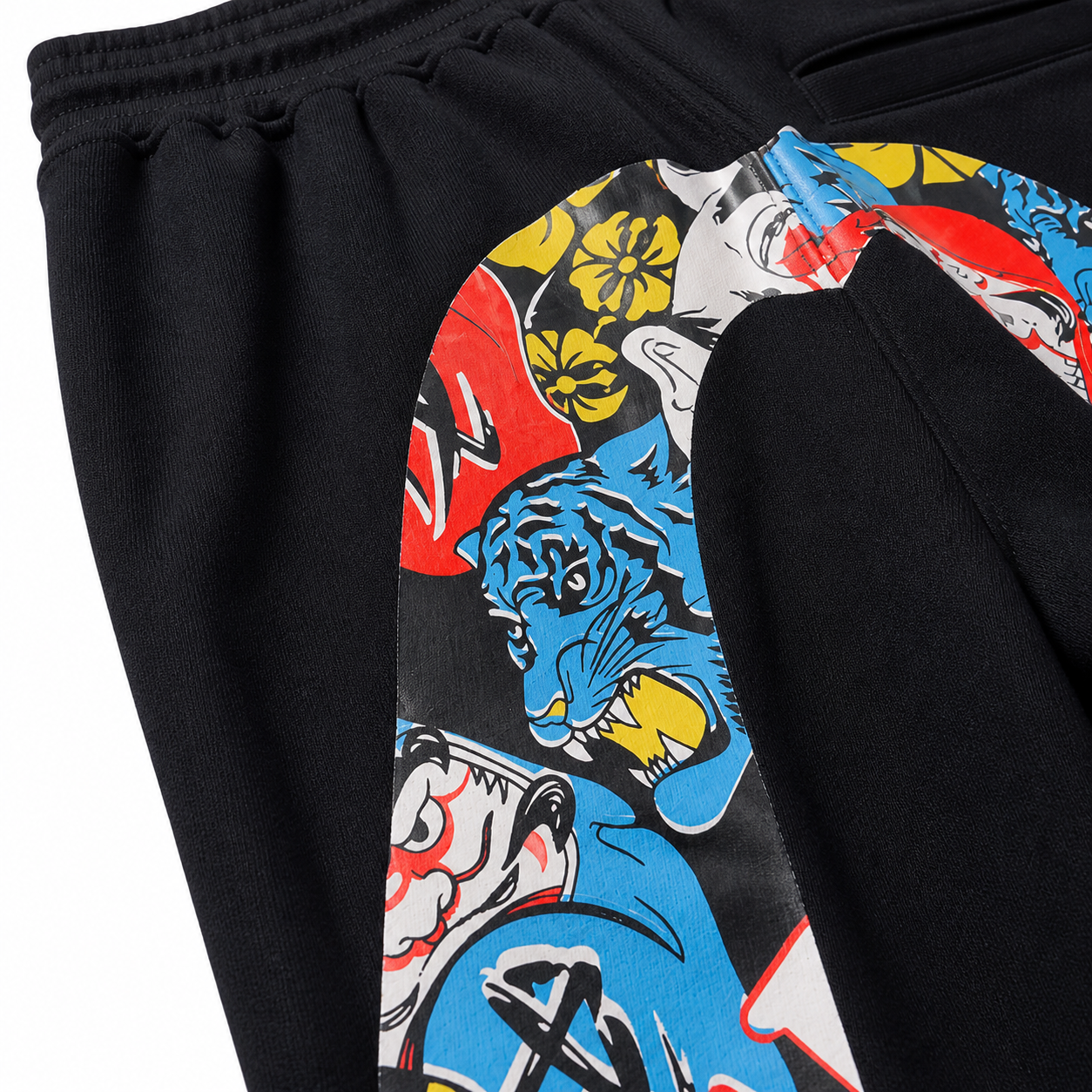 EVISU Daikoku Daruma & Tiger "Big M" Print French Terry Shorts