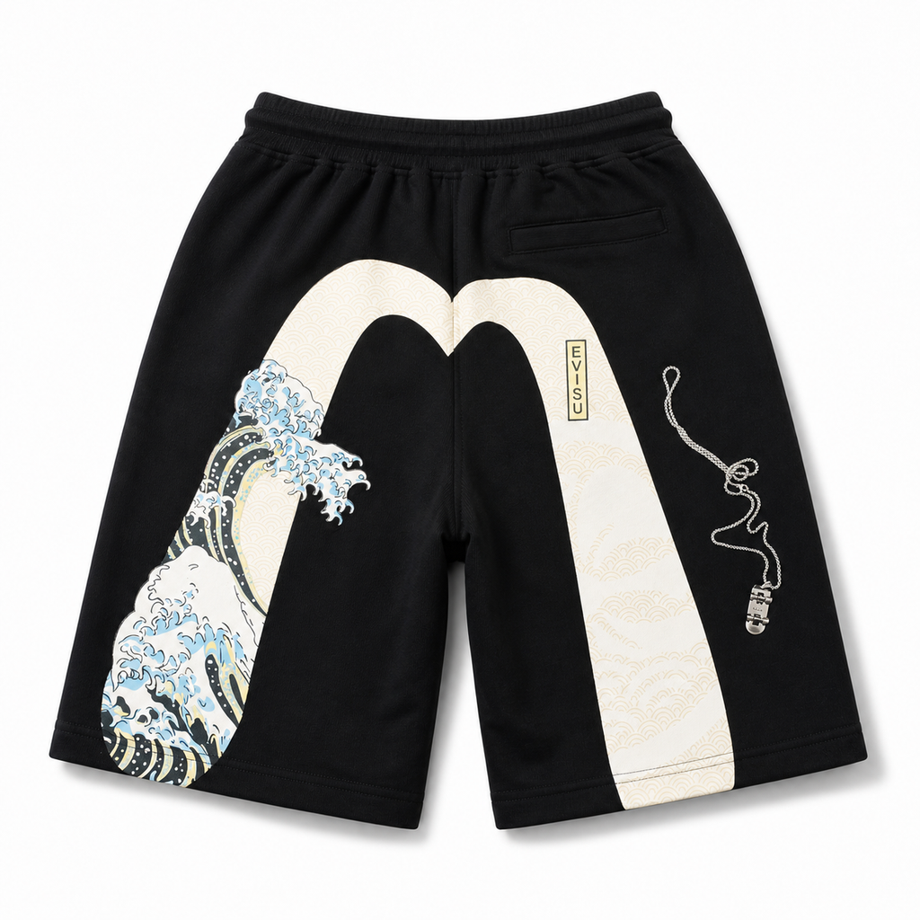 EVISU "Great Wave" Big M Print French Terry Sweatshorts
