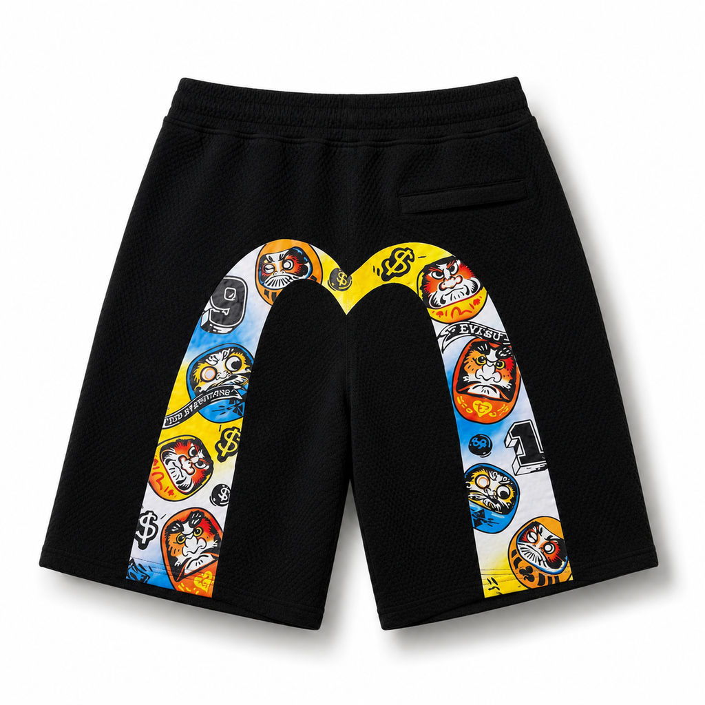 EVISU All-Over Daruma & "Big M" Print Athletic Shorts
