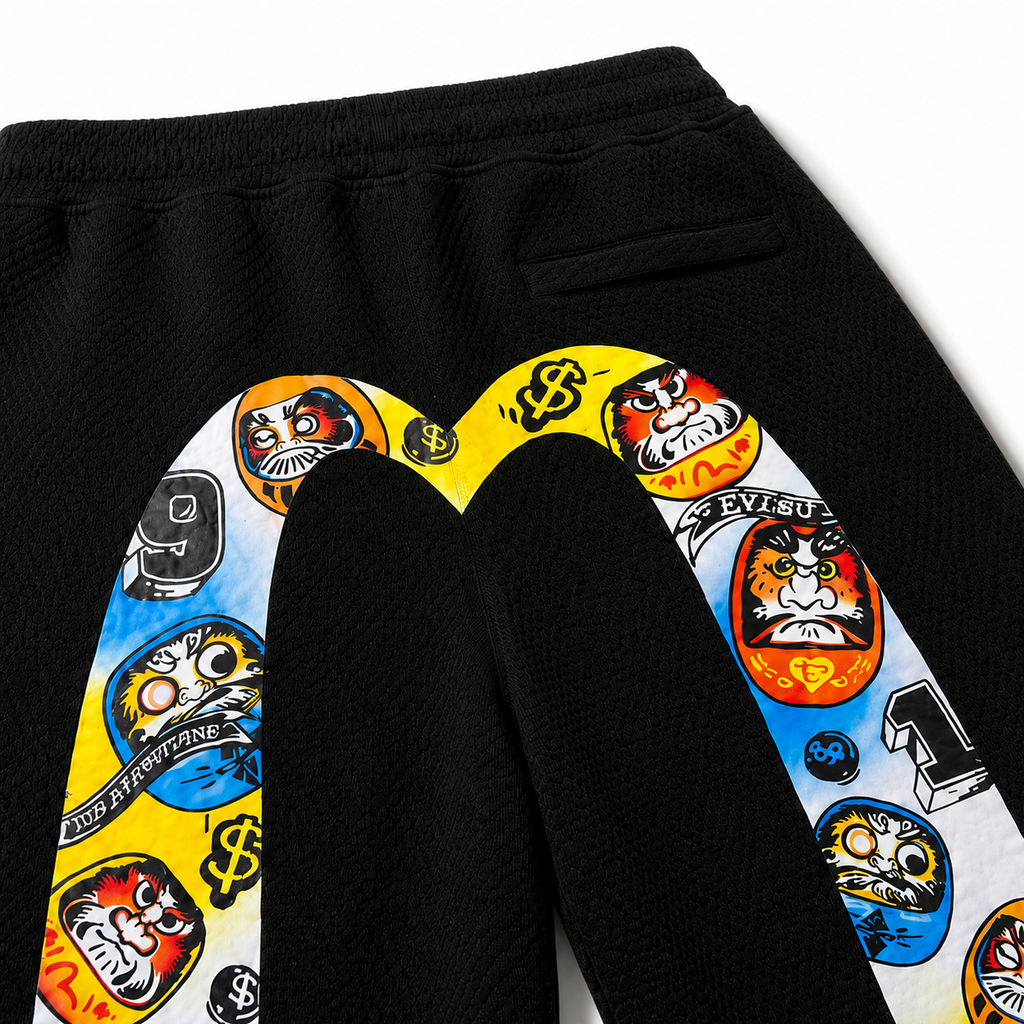 EVISU All-Over Daruma & "Big M" Print Athletic Shorts