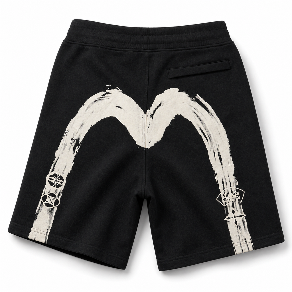 EVISU Hand-Painted "Big M" Print French Terry Sweatshorts