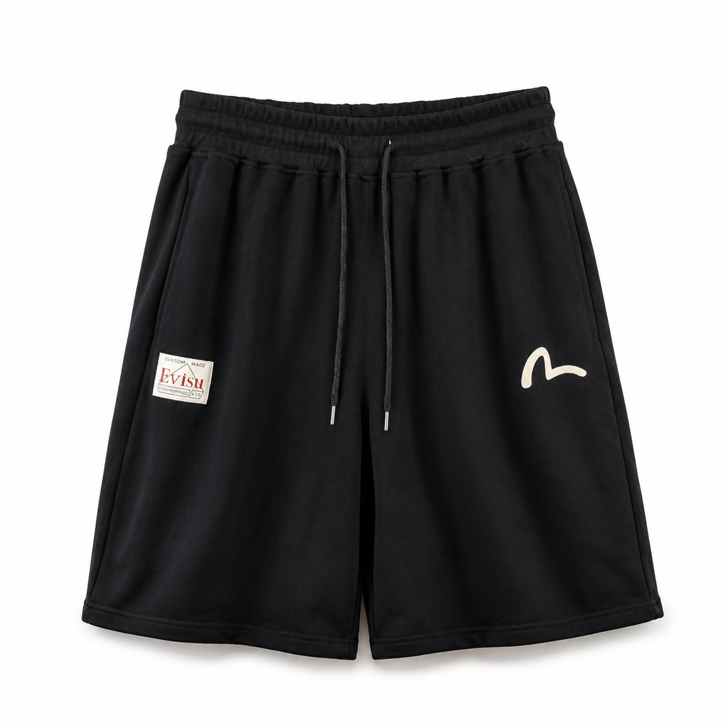 EVISU Sports Shorts featuring "Origin" Motif Combination Print and Maneki-neko Embroidery