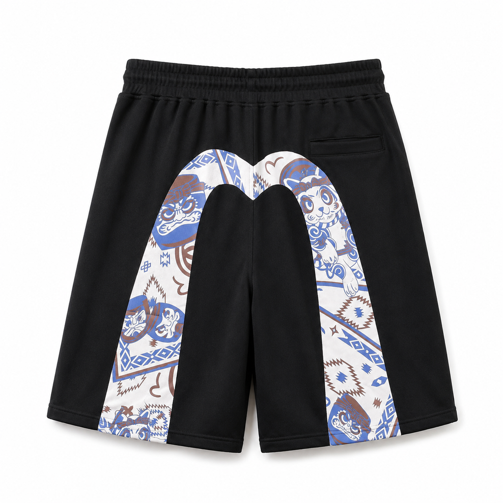 EVISU Sports Shorts featuring "Origin" Motif Combination Print and Maneki-neko Embroidery