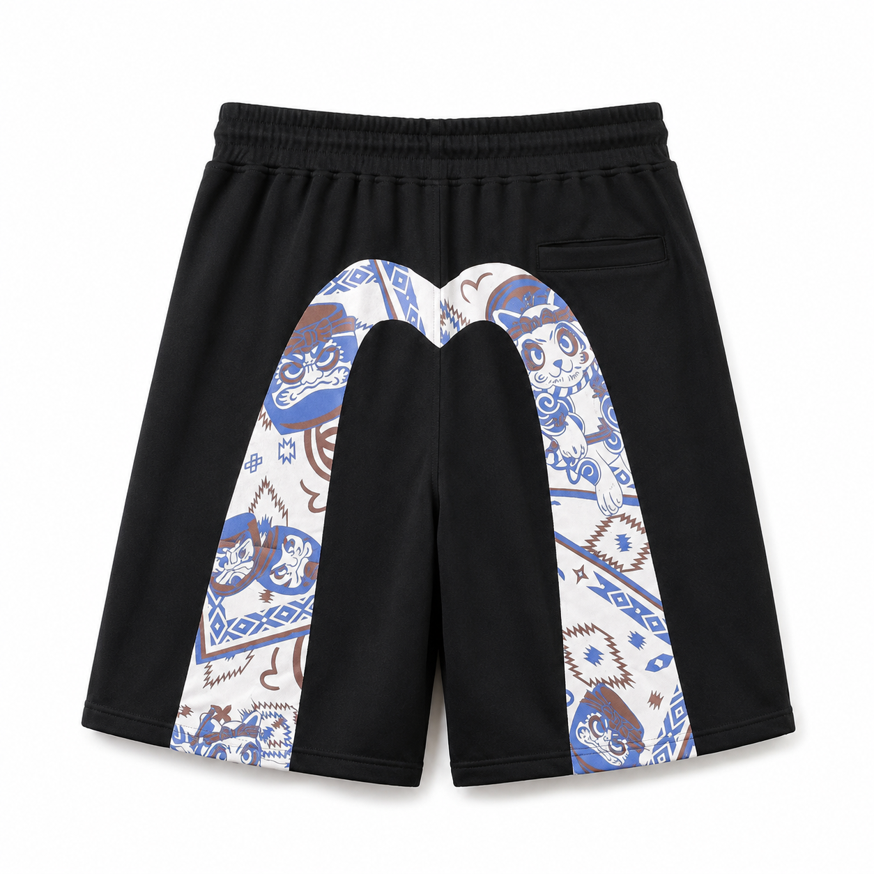 EVISU Sports Shorts featuring "Origin" Motif Combination Print and Maneki-neko Embroidery