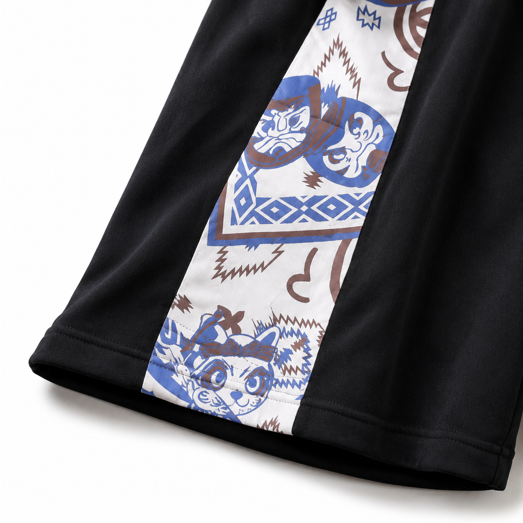 EVISU Sports Shorts featuring "Origin" Motif Combination Print and Maneki-neko Embroidery