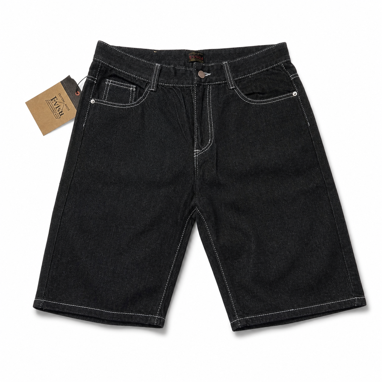 EVISU Denim Shorts featuring a Distressed, Paneled "Big M" Print