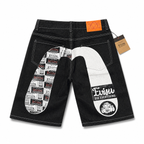 EVISU Denim Shorts featuring a Distressed, Paneled "Big M" Print
