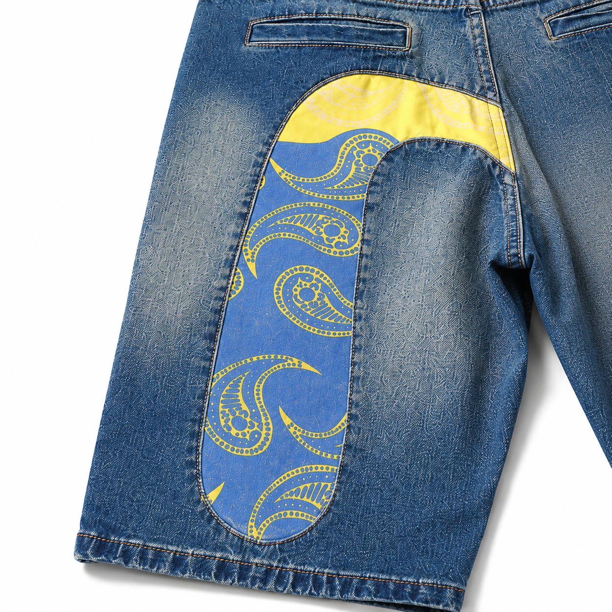 EVISU "Mismatched Paisley Big M" Denim Shorts