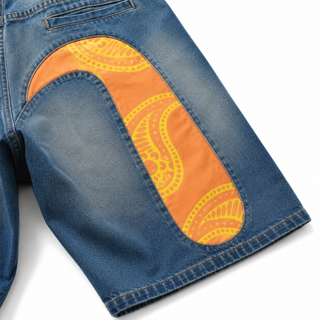 EVISU "Mismatched Paisley Big M" Denim Shorts