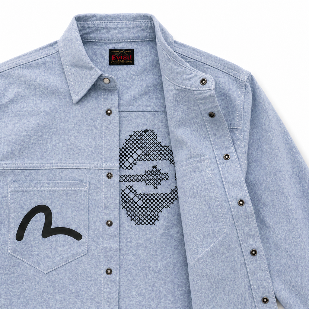 EVISU New Men's Long-Sleeve Shirt with Seagull Logo Print