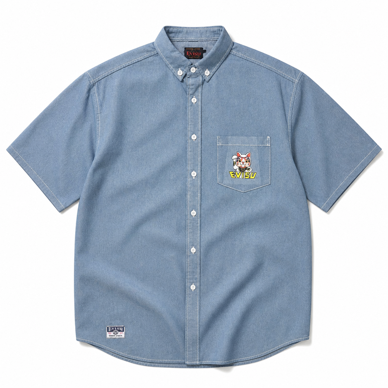 EVISU New Arrival: "Seven Falls, Eight Rises" Beckoning Cat Print Short-Sleeve Shirt