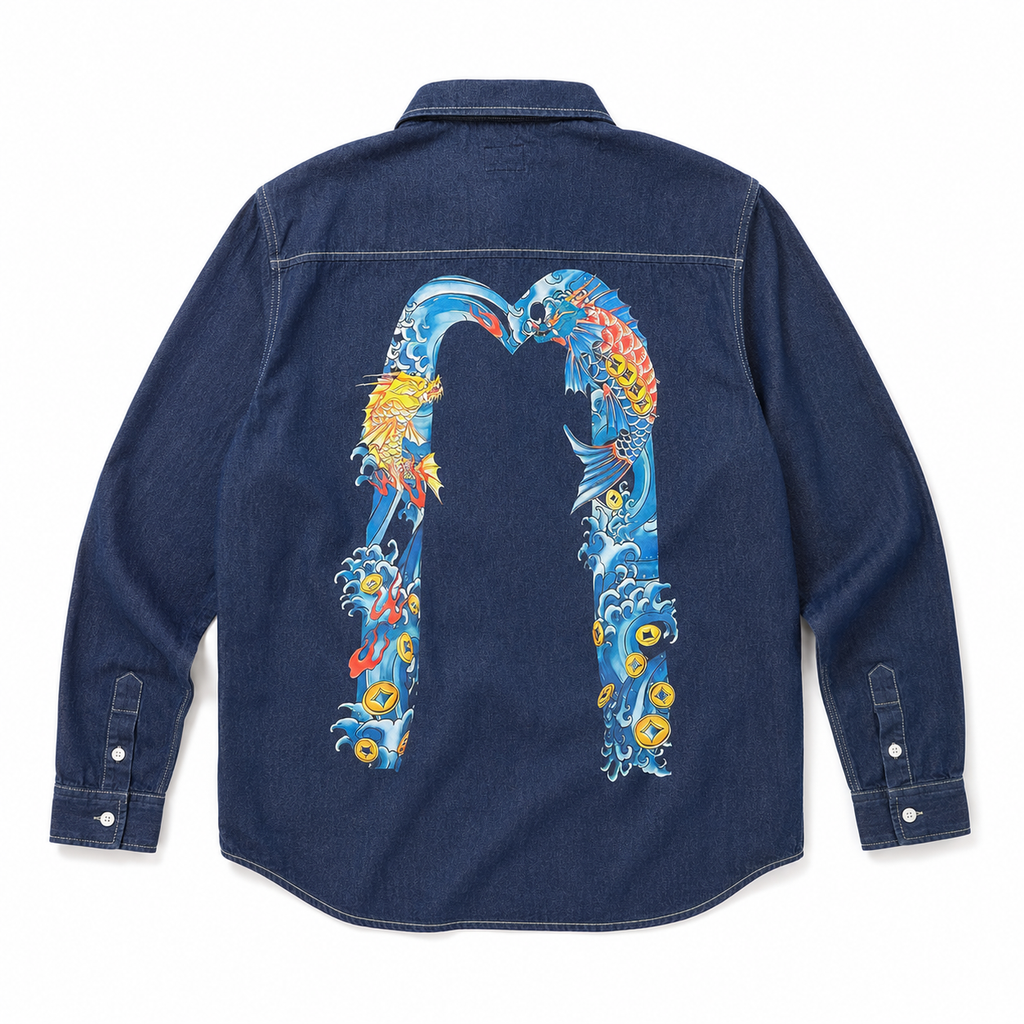 EVISU "God of Fortune & Koi Big M" Long-Sleeve Denim Shirt