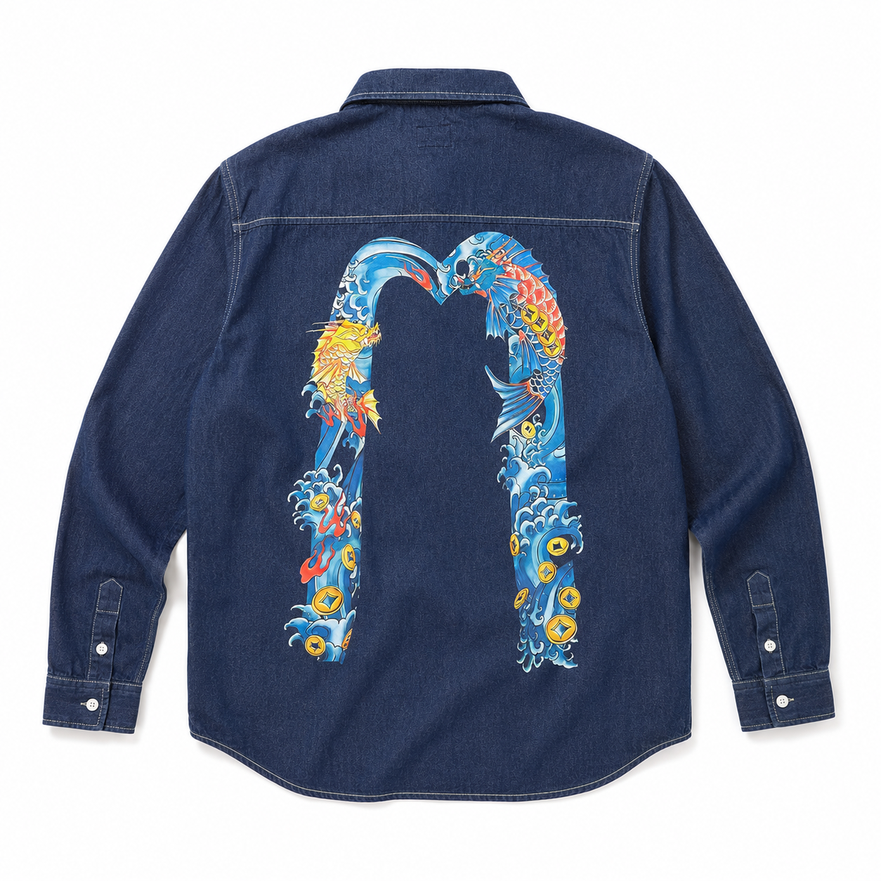 EVISU "God of Fortune & Koi Big M" Long-Sleeve Denim Shirt
