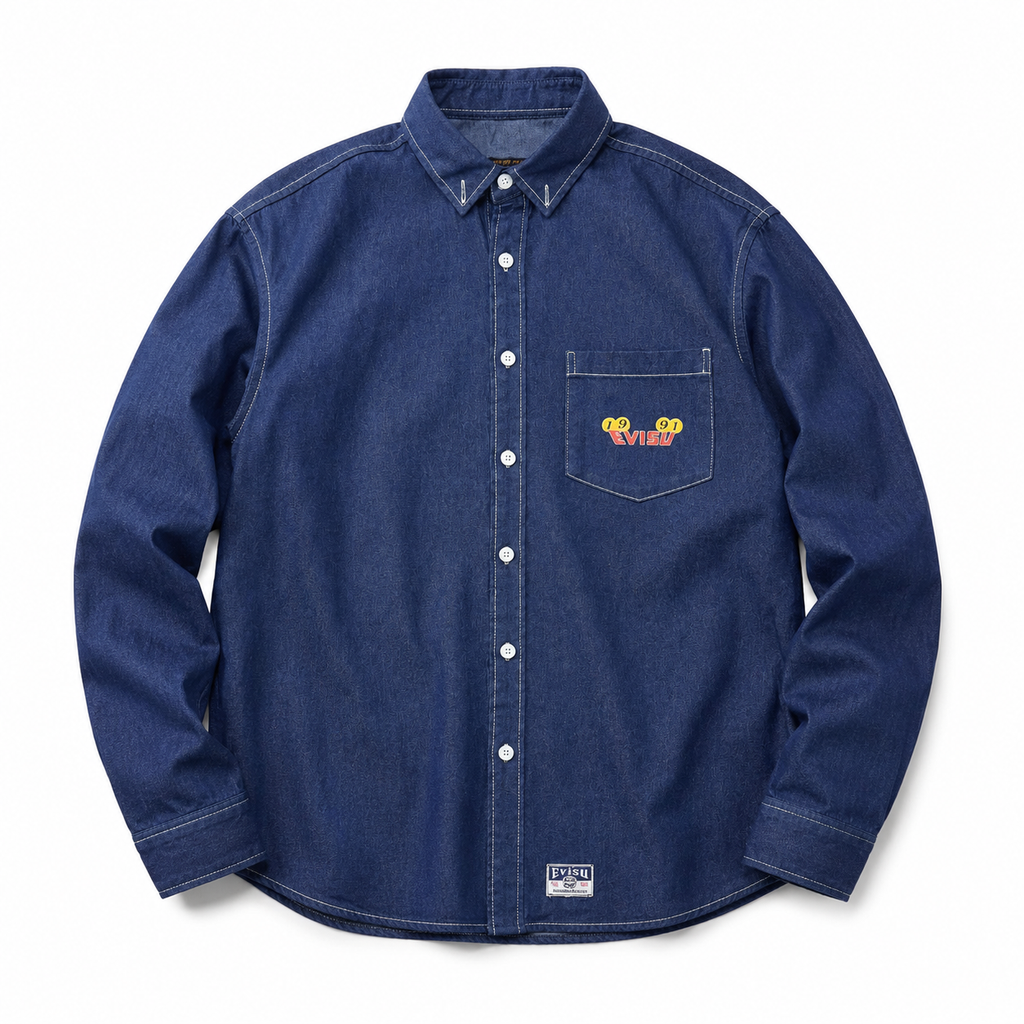 EVISU "Pine and Crane" Large "M" Print Long-Sleeve Denim Shirt