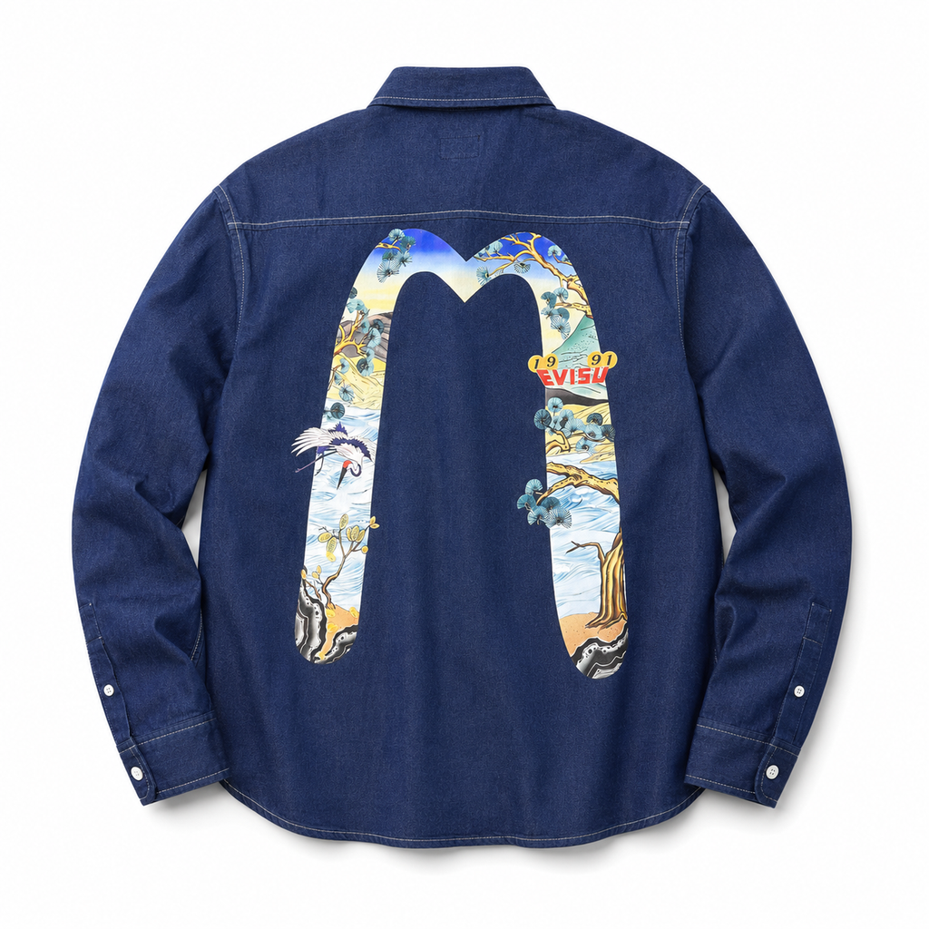 EVISU "Pine and Crane" Large "M" Print Long-Sleeve Denim Shirt