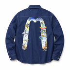 EVISU "Pine and Crane" Large "M" Print Long-Sleeve Denim Shirt