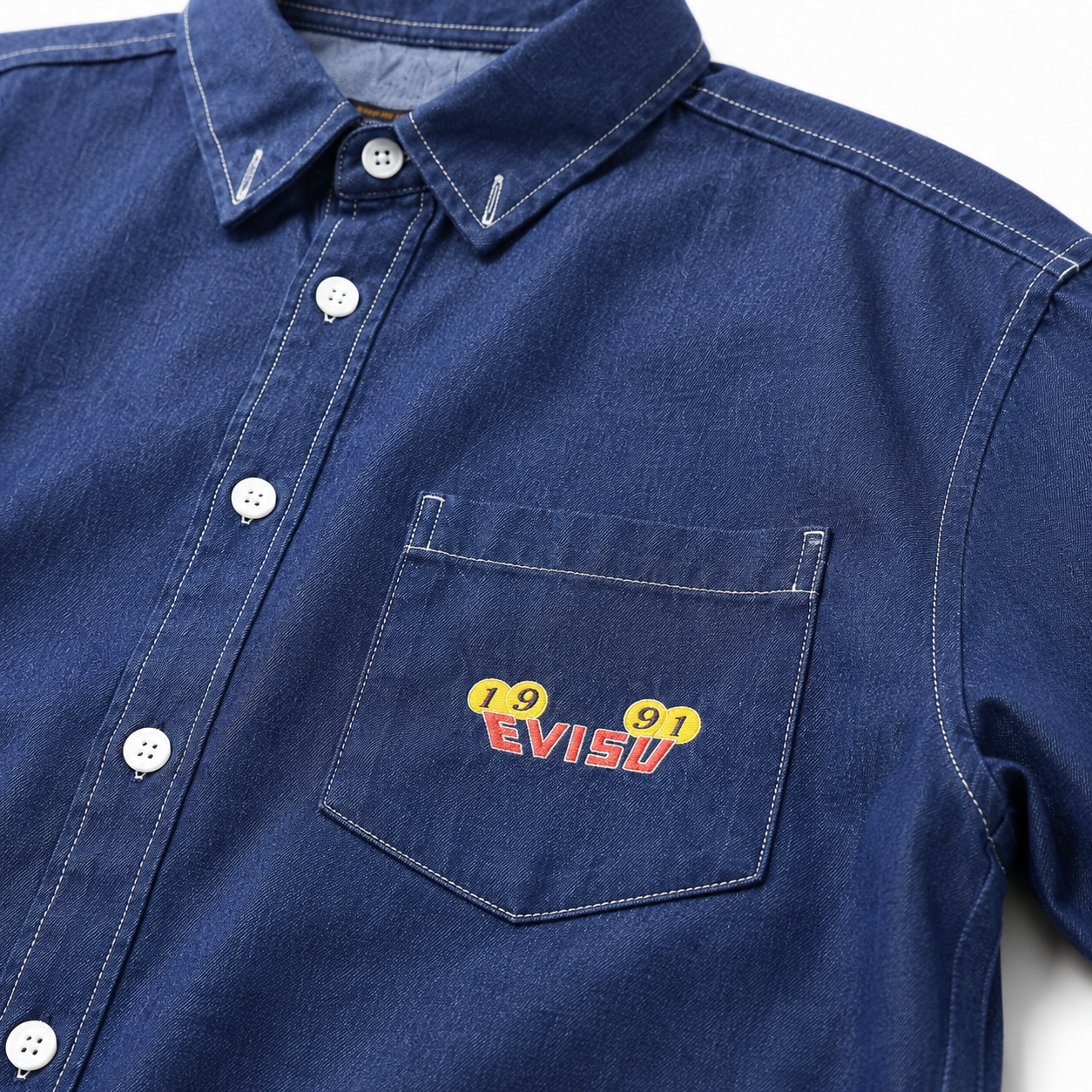 EVISU "Pine and Crane" Large "M" Print Long-Sleeve Denim Shirt